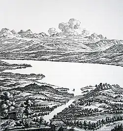 Fantasievolle Darstellung Zürichs um das Jahr 15 v. Chr. In der Bildmitte ist der römische Rundtempel (Grosser Hafner) zu erkennen, auf dem Lindenhof ein Wachturm. Neujahrsblatt der Stadtbibliothek, 1773.