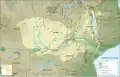 Einzugsbereich des Sambesi mit Beschriftung der Viktoriafälle, Makgadikgadi-Salzpfannen und des Okavangodeltas