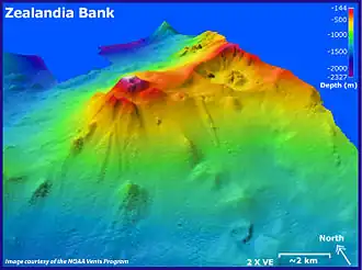 Bathymetrische Karte der Zealandia Bank mit Blickrichtung Nordosten