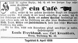 Zeitungsannonce im Burger Tageblatt vom 8. April 1888