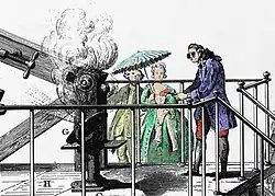 Detailausschnitt. Verbrennung durch Fokussierung des Sonnenlichts durch optische Linsen auf ein brennbares Material. Ein Experiment das Lavoisier in den 1770er Jahren durchgeführt hatte.