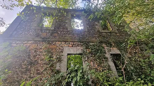 Überwucherte Ostfassade der dachlosen Dorfschulruine in Zurel (Sarayköy), Landkreis Of.