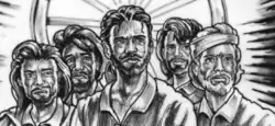 Zeitgenössisches Portrait des Boris Weinrich der La Grave Familiengruppe aus dem Jahr 2015 mit Anton "Galanto" La Grave, Gabriel, Hemperla, Anton Alexander und Franz Lampert nach Originalvorlagen unter Berücksichtigung einer emischen Darstellung.