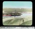 Eine Photo aus dem Jahr 1914 aus dem Dreikaisereck mit dem Sicht aus dem deutschen Ufer der Przemsza in österreichischen Richtung auf Jęzor bzw. Dąbrowa
