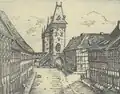 Ernst Honig: Fiktive Ansicht des Weender Tors im Spätmittelalter, Blick durch die Weender Straße nach Norden