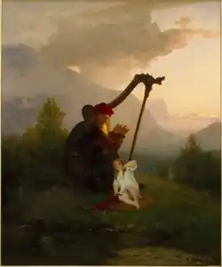 Das farbenfrohe Ölgemälde zeigt einen Mann mit langem Bart und roter Mütze, der auf einer Harfe spielt und dabei auf ein blondes, weißgekleidetes Kleinkind blickt; im Hintergrund sind grüne Bäume und wolkenverhangene Berge zu erkennen.