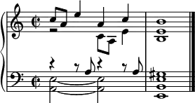  {
 \new PianoStaff <<
            \new Staff <<
                \new Voice { \voiceOne \relative c'' { \clef "treble" \time 2/2 \key c \major | \stemUp c8 [ \stemUp a8 ] \stemUp e'4 \stemUp a,4 \stemUp c4 | <b, e b'>1 \bar "|." }}
                \new Voice {  \voiceTwo \relative c' { \clef "treble" \time 2/2 \key c \major | r2 \stemDown c8 [ \stemDown a8 ] \stemDown e'4 s1 \bar "|." }}
             >>
             \new Staff <<
                \new Voice {  \voiceOne \relative a { \clef "bass" \time 2/2 \key c \major | r4 r8 \stemUp a8 r4 r8 \stemUp a8 | <e, b' e gis>1 \bar "|." }}
                \new Voice {  \voiceTwo \relative a, { \clef "bass" \time 2/2 \key c \major | \stemDown <a e'>2 ~ ~ \stemDown <a e'>2 s1 \bar "|." }}
             >>
>>
}