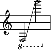  { \override Score.TimeSignature #'stencil = ##f
   \ottava #-1 f,2 \glissando g''2 }
