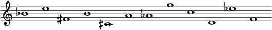 {
  \new Staff \with { \remove "Bar_engraver" \remove "Time_signature_engraver"} {
    bes'1 e'' fis' b' cis' a' as' g'' c'' d' es'' f'
  }
}