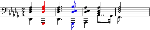 \version "2.14.2"
\header {
tagline = ##f
}
upper = \relative c {
\key des \major
\time 2/4
\tempo 4 = 54
\clef bass
<<
{
\voiceOne
<des f as> \override NoteHead.color = #red \override Stem.color = #red <des ges bes> \revert NoteHead.color \revert Stem.color <des f as>4. \override NoteHead.color = #blue \override Stem.color = #blue <des es bes'>8 \revert NoteHead.color \revert Stem.color <des es as>4 <c es as> <des f as>2
}
\new Voice {
\voiceTwo
des,4 \tweak NoteHead.color #red \tweak Stem.color #red ges, des'4. \tweak NoteHead.color #blue \tweak Stem.color #blue ges,8 as4 as'8.. ges32 f8.
}
>>
}
\score {
\new Staff = "upper" \upper
\layout {
\context {
\Score
\remove "Metronome_mark_engraver"
}
}
\midi { }
}