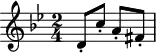 \header { tagline = ##f }
\score {
\relative g' {
\key g \minor
\time 2/4
\tempo 4 = 60
\set Staff.midiInstrument = #"acoustic guitar (nylon)"
d8-. c'-. a-. fis-.
}
\layout {
\context {
\Score
\remove "Metronome_mark_engraver"
}
}
\midi {}
}