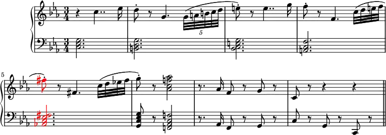 
\version "2.14.2"
\header {
  tagline = ##f
}
upper = \relative c'' {
  \clef treble 
  \key c \minor
  \time 3/4
  \tempo 2 = 63
  %\autoBeamOff

r4 c4.. es16 d8\staccato r g,4. \tuplet 5/4 { g32(a b c d } e8\staccato) r e4.. g16 f8\staccato r f,4. c'32 (d e f \tweak NoteHead.color #red \tweak Stem.color #red \tweak Accidental.color #red fis8\staccato) r fis,4. c'32 (d es! fis g8\staccato) r < as, c f! as >2 r8. as16 f8 r g r c, r r4 r \bar "||" }

lower = \relative c {
  \clef bass
  \key c \minor
  \time 3/4

    < c es g >2. < b d g > < bes c e g > < a c f > \override NoteHead.color = #red \override Stem.color = #red \override Accidental.color = #red < as! c es fis > \revert NoteHead.color \revert Stem.color \revert Accidental.color < g c es g >8 r < f! as c f! >2 r8. as16 f8 r g r c r g r c, r }

\score {
  \new PianoStaff <<
    \new Staff = "upper" \upper
    \new Staff = "lower" \lower
  >>
  \layout {
    \context {
      \Score
      \remove "Metronome_mark_engraver"
    }
  }
  \midi { }
}
