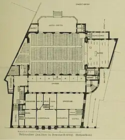 Ehemaliges Palais von Veltheim (Brünings Saalbau)[13] und der Grundriss von Behneckes Saalbau von 1886 (Erdgeschoss)