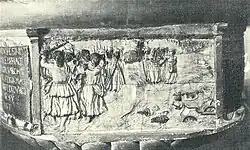 Eines der Marmorreliefs von 1683 zeigt den ertrinkenden Pharao unter dem Jubel der Juden. (um 1900).