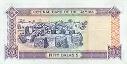 Abbildung der Steinkreise von Wassu auf einer 50-Dalasi-Banknote (Rückseite)