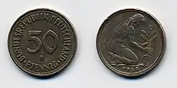 50-Pfennig-Stück aus Münchner Prägung mit der neuen Umschrift von 1950 „Bundesrepublik Deutschland“