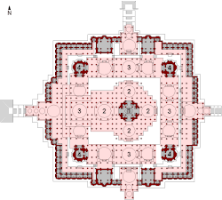 Adinatha-Tempel (15. Jahrhundert) in Ranakpur (Rajasthan), Grundriss: 1 – Garbhagriha 2 – Rangamandapa 3 – Meghanadamandapa 4 – Eckschrein