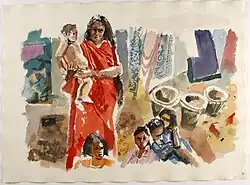 Aquarell Blick auf eine Kindergartengruppe – Sri Lanka