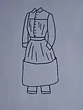 Modell eines Hauskleids mit hochknöpfbarem Rock und Beinkleid, entworfen 1883
