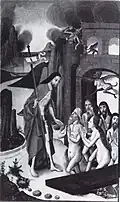 Innenseite der Doppelflügel rechts, „Jesus befreit am Tor der Vorhölle (Limbus) die Voreltern Adam u. Eva + die Gerechten des Alten Bundes“ (Höllenfahrt Jesu).