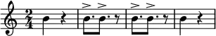 \version "2.18.2"
\relative c'' {
  \clef treble
  \time 2/4

  % Takt 1
  h4 r4

  % Takt 2 (Synkopen mit Akzent)
h8. \accent h8. \accent r8

  % Takt 3 (Synkopen mit Akzent)
h8. \accent h8. \accent r8

  % Takt 4
  h4 r4
}