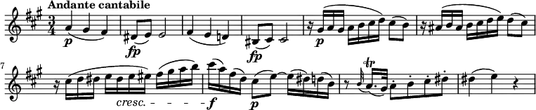 
\relative c'' {
  \version "2.18.2"
  \key a \major
  \time 3/4
  \tempo "Andante cantabile"
  \tempo 4 = 70
  a4\p  (gis fis)
  dis8\fp (e) e2
  fis4 (e d!)
  bis8\fp (cis) cis2
  r16 gis'\p (a gis a b cis d) cis8 (b)
  r16 ais (b ais b cis d e) d8 (cis)
  r16 cis (d dis e dis\cresc e eis) fis (gis a b)
  cis\f (a) fis (d) cis8\p (e) ~ e16 (dis) d (b)
  r8 \grace b32 (a16.)\trill (gis32) a8-. b-. cis-. dis-.
  dis4 (e) r

}
