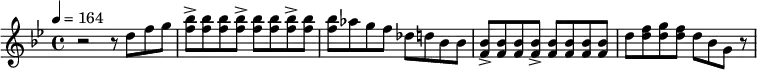 
  \new Staff {
    \set Staff.midiInstrument = #"overdriven guitar"
    \relative b' {
      \key bes \major
      \time 4/4
      \tempo 4 = 164
      r2 r8 d8 [f8 g8] | <f bes>8-> <f bes>8 <f bes>8 <f bes>8-> <f bes>8 <f bes>8 <f bes>8-> <f bes>8 | <f bes>8 as8 g8 f8 des8 d8 bes8 bes8 | <f bes>8-> <f bes>8 <f bes>8 <f bes>8-> <f bes>8 <f bes>8 <f bes>8 <f bes>8| d'8 <d f>8 <d g>8 <d f>8 d8 bes8 g8 r8 |
    }
  }
