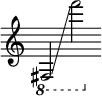  { \override Score.TimeSignature #'stencil = ##f \time 3/2
  \ottava #-1 fis,2 \glissando  f''2    }
