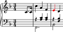 
\header {tagline = ##f}
upper = \relative c' {
  \clef treble
  \key f \major
  \time 3/4
  \tempo 4 = 92
  s2 c8. c16 c'4 a f \tweak NoteHead.color #red \tweak Stem.color #red e d }
lower = \relative c' {
  \clef bass
  \key f \major
  \time 3/4
       <<
         {
           \voiceOne
           s2. r4 <a c> <a c> r <f bes>
         }
         \new Voice {
           \voiceTwo
           s2. f, bes2
         }
       >>
}
\score {
  \new PianoStaff <<
    \new Staff = "upper" \upper
    \new Staff = "lower" \lower
  >>
  \layout {
    \context {
      \Score
      \remove "Metronome_mark_engraver"
    }
  }
  \midi { }
}
