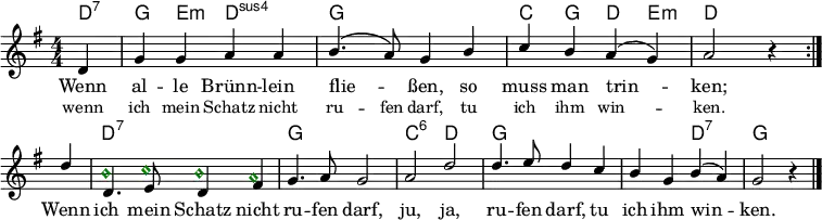 
\language "deutsch"
\header { tagline = ##f }

global = { \key g \major \numericTimeSignature \time 4/4 \partial 4 }

chordNames = \chordmode {
  \global \germanChords \set chordChanges = ##t \set midiInstrument = "acoustic guitar (nylon)"
  \repeat volta 2 { d4:7\p | g e:m d2:sus4| g1 | c4 g d e:m | d2 s4 }
  s4 | d1:7 | g | c2:6 d | g1 | g2 d:7 | g2 s4 \bar "|."
}

melody = \relative c' { \global \set midiInstrument = "clarinet"
  \repeat volta 2 { d4 | g4 g4 a4 a4 | h4. \(a8\) g4 h4 | c4 h4 a4 (g4) | a2 r4 } \break
  d4 | d,4. e8 d4 fis4 | g4. a8 g2 | a2 d2 | d4. e8 d4 c4 | h4 g4 h4 (a4) | g2 r4 \bar "|."
}
variation = \relative c' { \global \override NoteHead.color = #darkgreen \override NoteHead.style = #'harmonic
  s4 | s1 | s4. s8 (s4) s4 | s4 s s (s) | s2 r4 s4 |
  \omit Stem \omit Flag h'4 s8 c8 h4 a | s1*3 |s2 s4 (s4) | s2 r4 \bar "|."
}
verse = \lyricmode {
  << { Wenn al -- le Brünn -- lein flie -- _ ßen, so muss man trin -- ken; }
     \new Lyrics { \small wenn ich mein Schatz nicht ru -- fen darf, tu ich ihm win -- ken. }
  >> Wenn ich mein Schatz nicht ru -- fen darf, ju, ja, ru -- fen darf, tu ich ihm win -- ken.
}

\score {
  <<
    \new ChordNames \chordNames
    \new Staff \with { \consists "Merge_rests_engraver" } { << \melody \\ \variation >> }
    \addlyrics \verse
  >>
  \layout { indent = 0 \context { \Score \remove "Bar_number_engraver" } }
}
\score { \unfoldRepeats { << \transpose c c, \chordNames \\ \melody >> }
  \midi { \tempo 4=128
    \context { \Score midiChannelMapping = #'instrument }
    \context { \Staff \remove "Staff_performer" }
    \context { \Voice \consists "Staff_performer" }
  }
}
