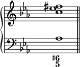 
\new PianoStaff <<
  \new Staff {
\override Staff.TimeSignature.transparent = ##t
    \new Voice = "right" {
      \relative c'' { \clef treble \key c \minor <c es fis >1 \bar "||" }
    }
  }
  \new Staff {
\override Staff.TimeSignature.transparent = ##t
    \new Voice = "left" {
      \relative c' { \clef "bass" \key c \minor as1 }
    }
  }
  \new FiguredBass {
    \figuremode { <6+ 5>1 }
  }
>>
