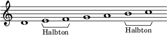  \new Staff \with { \consists Horizontal_bracket_engraver \remove "Time_signature_engraver" \remove "Bar_engraver" } 
\relative c' { 
  d1 e -\tweak HorizontalBracketText.text "Halbton"  \startGroup f\stopGroup g a b-\tweak HorizontalBracketText.text "Halbton"\startGroup c\stopGroup}
