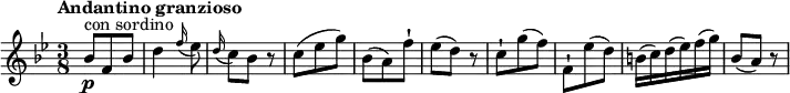 
\relative c' {
     \version "2.18.2"
     \key bes  \major
     \tempo "Andantino granzioso"
     \time 3/8
     \tempo 4 = 50	
   bes'8\p ^\markup {con sordino} f bes
   d4 \grace f16 (ees8)
   \grace d16 (c8) bes r8
   c8 (ees g)
   bes, (a) f'-!
   ees (d) r8
   c-! g' (f)
   f,-! ees' (d)
   b16 (c) d (ees) f (g)
   bes,8 (a) r8
  }
