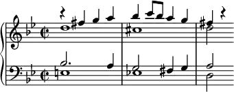 \version "2.14.2"
\header {
tagline = ##f
}
upper = \relative c'' {
\clef treble
\key g \minor
\time 2/2
\tempo 2 = 104
%\autoBeamOff
<<
{
\voiceOne
r4 fis g a bes c8 bes a4 g fis r4
}
\new Voice {
\voiceTwo
d1 cis d2
}
>>
}
lower = \relative c' {
\clef bass
\key g \minor
\time 2/2
<<
{
\voiceOne
bes2. a4 g2 fis4 g a2
}
\new Voice {
\voiceTwo
e1 es! d2
}
>>
}
\score {
\new PianoStaff <<
\new Staff = "upper" \upper
\new Staff = "lower" \lower
>>
\layout {
\context {
\Score
\remove "Metronome_mark_engraver"
}
}
\midi { }
}