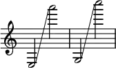  { \override Score.TimeSignature #'stencil = ##f \time 2/2
    e2 \glissando a'''2  g2 \glissando  c''''2 } 