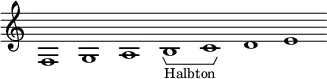  \new Staff \with { \consists Horizontal_bracket_engraver \remove "Time_signature_engraver" \remove "Bar_engraver" } 
\relative c' { 
  f,1 g a b -\tweak HorizontalBracketText.text "Halbton"  \startGroup c\stopGroup d e}
