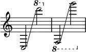 { \override Score.TimeSignature #'stencil = ##f c2 \glissando \ottava #1 d''''2 \ottava #-1 f,2 \glissando g''2 }