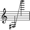  { \override Score.TimeSignature #'stencil = ##f
    fis2 \glissando b'''2 }
