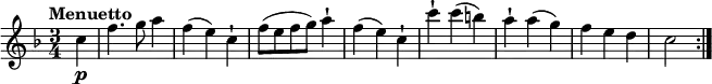 
\relative c' {
     \version "2.18.2"
     \key f  \major
     \tempo "Menuetto"
     \time 3/4
     \tempo 4 = 120
   \partial 4  c'4 \p
    f4. g8 a4
    f (e) c-!
    f8 (e f g) a4-!
    f (e) c-!
    c'-! c (b)
    a-! a (g)
    f e d
    c2  \bar ":|."
  }
