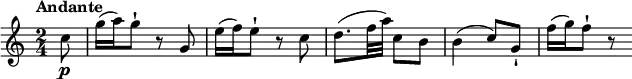 \relative c'' {
\version "2.18.2"
\key c \major
\time 2/4
\tempo "Andante"
\tempo 4 = 50
\partial 4 \partial 8 c8\p g'16 (a) g8-! r8 g,8
e'16 (f) e8-! r8 c8
d8. (f32 a) c,8 b
b4 (c8) g-!
f'16 (g) f8-! r8
}