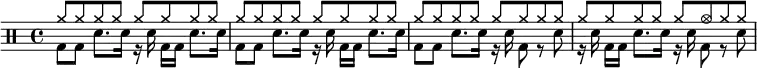 
\new DrumStaff <<
  \drummode {
    \override Score.BarNumber #'transparent = ##t 
    << {
      \repeat unfold 28 cymr8 cymr8 cymc8 cymr8 cymr8
    } \\ {
      \autoBeamOff
      bd8[ bd8] sn8.[ sn16] r16 sn16  bd16[ bd16] sn8.[ sn16] 
      bd8[ bd8] sn8.[ sn16] r16 sn16  bd16[ bd16] sn8.[ sn16] 
      bd8[ bd8] sn8.[ sn16] r16 sn16  bd8 r8 sn8 
      r16  sn16 bd16[ bd16] sn8.[ sn16] r16 sn16  bd8 r8 sn8 
      
    } >>
  }
>>

