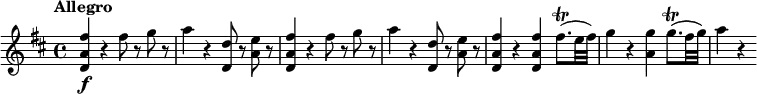 
\relative c'' {
  \tempo "Allegro"
  \version "2.18.2"
  \key d \major
  <fis a, d,>4\f r fis8 r g r |
  a4 r <d, d,>8 r <e a,> r |
  <fis a, d,>4 r fis8 r g r |
  a4 r <d, d,>8 r <e a,> r |
  <fis a, d,>4 r <fis a, d,> fis8.(\trill e32 fis) |
  g4 r <a, g'>4 g'8.(\trill fis32 g) |
  a4 r
}

