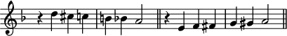 \version "2.14.2"
\header {
tagline = ##f
}
melody = \relative c'' {
\override Score.TimeSignature.stencil=##f
\key f \major
\time 2/2
\tempo 4 = 72
r4 d cis c | b bes a2 \bar "||" r4 e f fis | g gis a2 \bar "||" }
\score {
\new Staff = "melody" \melody
\layout {
\override Staff.TimeSignature.transparent =##t
\context {
\Score
\remove "Metronome_mark_engraver"
\remove "Mark_engraver"
\remove "Staff_collecting_engraver"
}
}
\midi { }
}