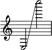 { \override Score.TimeSignature #'stencil = ##f
    e2 \glissando #1 c''''2 }
