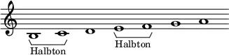  \new Staff \with { \consists Horizontal_bracket_engraver \remove "Time_signature_engraver" \remove "Bar_engraver" } 
\relative c' { 
  b1 -\tweak HorizontalBracketText.text "Halbton"  \startGroup c\stopGroup d e-\tweak HorizontalBracketText.text "Halbton"\startGroup f\stopGroup g a}
