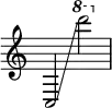  { \override Score.TimeSignature #'stencil = ##f
    c2 \glissando \ottava #1 d''''2 }
