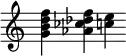  { \new PianoStaff << \new Staff \with { \remove "Time_signature_engraver" } \relative c'' { \set Staff.midiInstrument = #"violin" <g b d f> | <as ces des f> | <c e> } >> } 