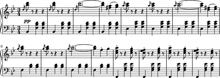 \relative c' {
\new PianoStaff <<
\new Staff { \key g \minor \time 3/4
\set Score.tempoHideNote = ##t
\tempo 2. = 52
\slashedGrace d'8 <bes' d> r r4 r \slashedGrace d,8 <bes' d> r r4 r \slashedGrace d,8 <bes' d>2.~ <bes d>4 <fis a>( <g bes>) \slashedGrace a8( <a c>) r r4 r \slashedGrace a8( <a c>) r r4 r \slashedGrace a8( <a c>2.~) <a c>4 <d, fis>( <ees g>) \slashedGrace g8( <g bes>) r r4 r \slashedGrace g8( <g bes>) r r4 r \slashedGrace g8( <g bes>2.~) <g bes>4 f-. g <c, ees a>8-. r r4 <c ees g>8-. r <c ees f>8-. r r4 <c ees g>8-. r <c ees a>-. r r4 <c ees g>8-. r <c ees f>-. r r4 <c ees>8-. r
}
\new Dynamics {
\slashedGrace s8 s\pp
}
\new Staff { \key g \minor \time 3/4 \clef bass \slashedGrace s8
bes,,4 <f' bes d> <f bes d> bes, <f' bes d> <f bes d>
bes, <f' bes d> <f bes d> bes, <f' bes d> <f bes d>
ees <g c ees> <g c ees> ees <g c ees> <g c ees>
ees <g c ees> <g c ees> ees <g c ees> <g c ees>
f <bes d> <bes d> f <bes d> <bes d>
f <bes d> <bes d> f <bes d> <bes d>
f, <f' a ees'> <f a ees'> f, <f' a ees'> <f a ees'>
f, <f' a ees'> <f a ees'> f, <f' a ees'> <f a ees'>
}
>>
}