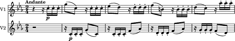 
<<
  \new Staff \with { instrumentName = #"V1 "}
  \relative c'' {
     \version "2.18.2"
     \key ees \major
     \tempo "Andante"
     \time 2/4
    \tempo 4 = 50
    r4 r16 c16-.\p c-. c-.
   g'8 (c,)  r16 c16-. c-. c-.
   ees8 (d) r16 d16-. d-. d-.
   f8 (b,) r16 b16-. b-. b-.
   d8 (c) r16 aes'16-. aes-. aes-.
  }
  \new Staff \with { instrumentName = #"V2 "}
  \relative c'' {
    \key ees \major
    \time 2/4
    r2 r16 c,16-.\p c-. c-. g'8 (c,)
   r16 c16-. c-. c-. f8 (aes)
   r16 d,16-. d-. d-. f8 (aes)
   r16 g16-. g-. g-. f8 (d)
  }
>>
