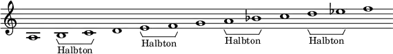  \new Staff \with { \consists Horizontal_bracket_engraver \remove "Time_signature_engraver" \remove "Bar_engraver" } \relative c' { 
  a1 b -\tweak HorizontalBracketText.text "Halbton"  \startGroup c\stopGroup d e-\tweak HorizontalBracketText.text "Halbton"\startGroup f\stopGroup g a-\tweak HorizontalBracketText.text "Halbton"  \startGroup bes\stopGroup c d-\tweak HorizontalBracketText.text "Halbton"  \startGroup es\stopGroup f}
